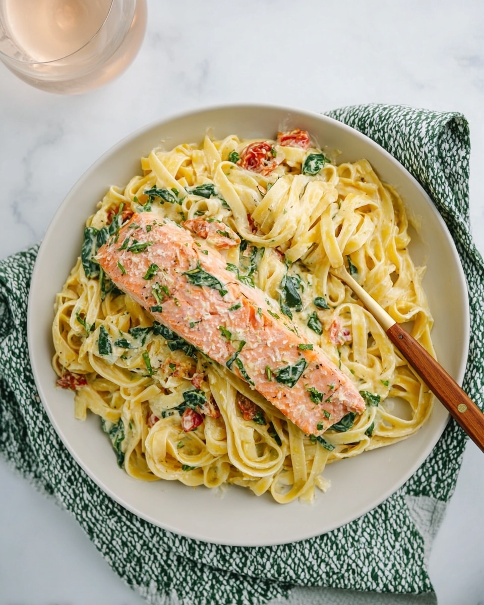 A white plate filled with creamy pasta layers, each strand of fettuccine coated in a light yellow sauce mixed with finely chopped green spinach and small pieces of red tomato scattered throughout. On top, a single piece of cooked salmon, pink and glistening with bits of spinach on it, lies across the pasta. A wooden fork rests in the pasta on the right side of the plate. The plate sits on a green-and-white patterned cloth, all placed on a white marbled surface. A glass with a pale pink drink is partially visible in the top left corner. Photo taken with an iphone --ar 4:5 --v 7