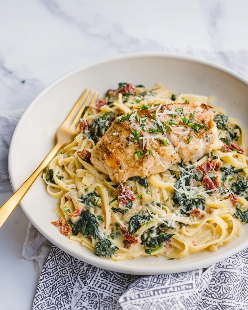 The dish shows a white plate filled with creamy pasta mixed with dark green leafy vegetables and small pieces of sun-dried tomatoes, creating a textured and colorful base layer. On top lies a single piece of golden-brown cooked chicken breast, garnished with scattered green herbs and a light sprinkling of grated white cheese. A golden fork rests on the edge of the plate, which is set on a white marbled surface with a patterned cloth partially underneath. photo taken with an iphone --ar 4:5 --v 7