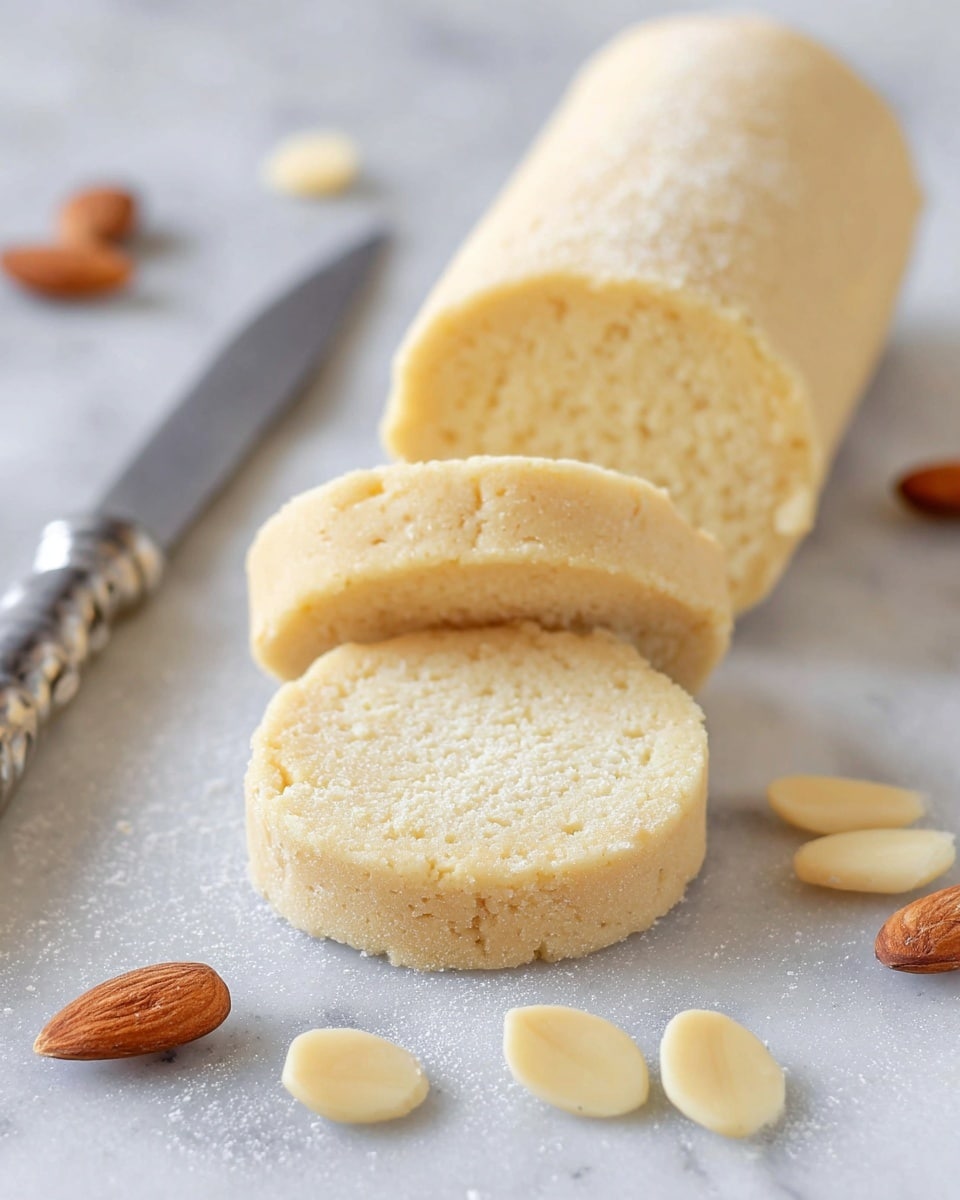 The image shows a light beige cylindrical dough log with two slices cut from the front, revealing a soft, crumbly texture inside that looks slightly grainy. Around the log and slices, there are several small, smooth, pale yellow almonds scattered on a white marbled surface. A metallic knife with a rounded tip is placed on the left side next to the dough, with part of the dough log and slices in the center and almonds surrounding loosely. The overall color palette is soft and light with beige and cream tones. photo taken with an iphone --ar 4:5 --v 7