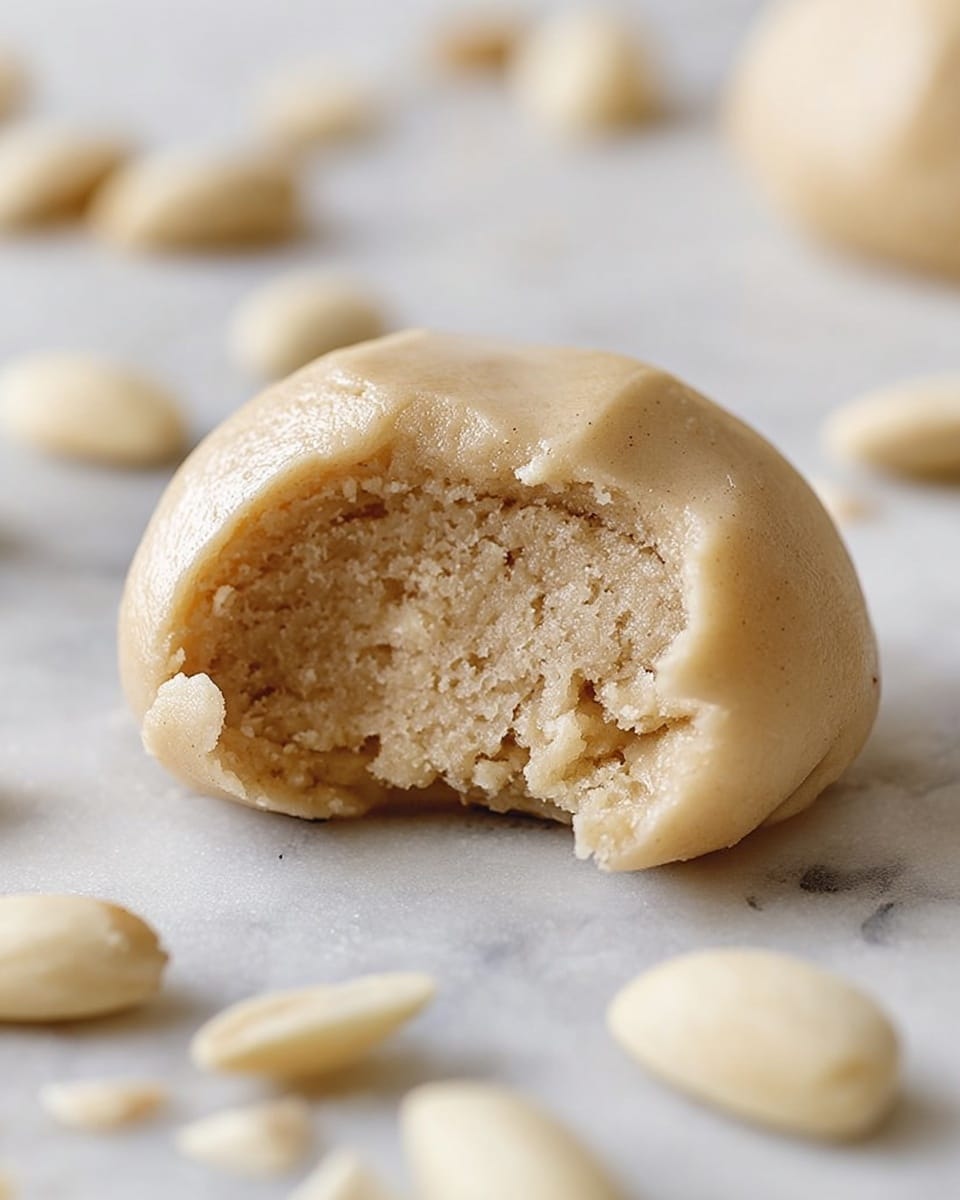 The image shows a close-up of a soft, beige dough ball with a bite taken out, revealing a crumbly, moist inside layer that is slightly grainy in texture. Around the dough ball are small, smooth, light cream-colored almond-shaped nuts scattered on a white marbled surface. The dough's outside is smooth and slightly shiny, while the inside looks soft and textured, showing clear contrast between the layers. Photo taken with an iphone --ar 4:5 --v 7