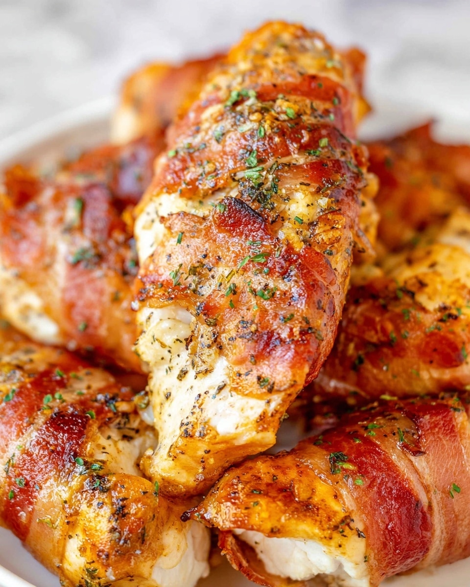 The image shows several golden brown, crispy chicken breasts wrapped in thin slices of bacon, each piece seasoned with visible black pepper and green herbs scattered on top. The chicken is tender white inside, slightly exposed at the ends, while the bacon is shiny and slightly charred in places, adding a textured look. The pieces are stacked close together in a white plate, which contrasts with the rich warm colors of the cooked chicken and bacon. The background is a white marbled surface, soft and clean, highlighting the food’s crisp and juicy appearance. photo taken with an iphone --ar 4:5 --v 7