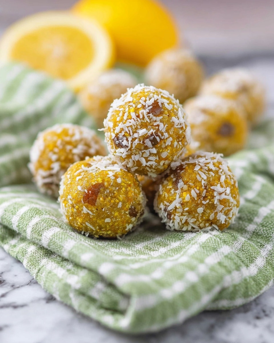 The image shows a close-up view of several round energy balls covered in white coconut flakes and small brown seeds. These balls have a yellow-orange base with a coarse texture, indicating ingredients like nuts or dried fruits mixed inside. The balls are arranged in a small pile resting on a folded green and white checkered cloth. In the blurry background, there is a halved lemon adding a hint of yellow color. The entire setup is placed on a white marbled surface. photo taken with an iphone --ar 4:5 --v 7