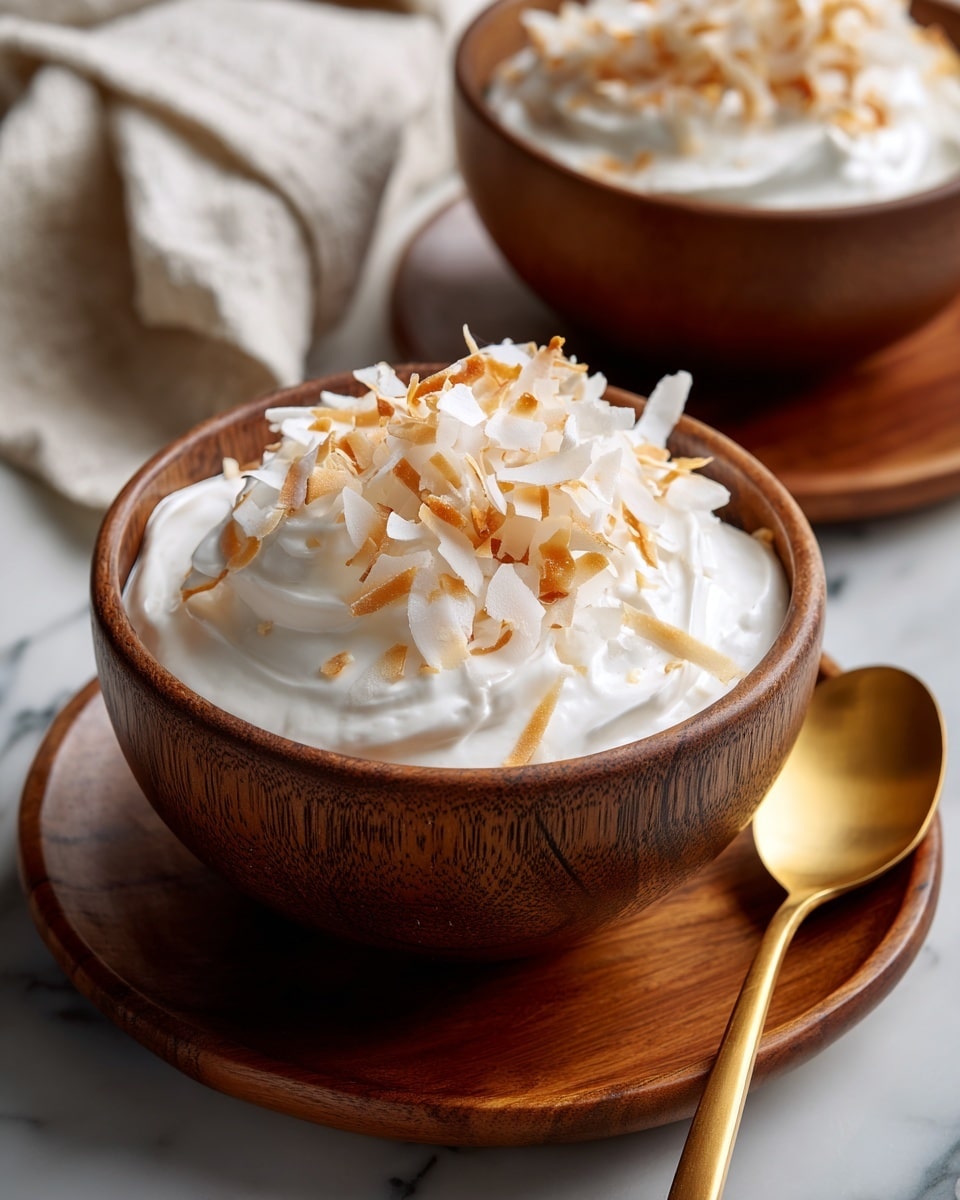 A close-up image of a dessert served in a dark wooden bowl placed on a matching wooden saucer, featuring two layers: a bottom creamy white layer with a smooth texture and a topping of finely shredded toasted coconut flakes in different shades of light brown and white, creating a soft and slightly crunchy look. Nearby, a golden spoon rests on the saucer, and the background shows another similar bowl slightly out of focus, all set against a white marbled texture. photo taken with an iphone --ar 4:5 --v 7