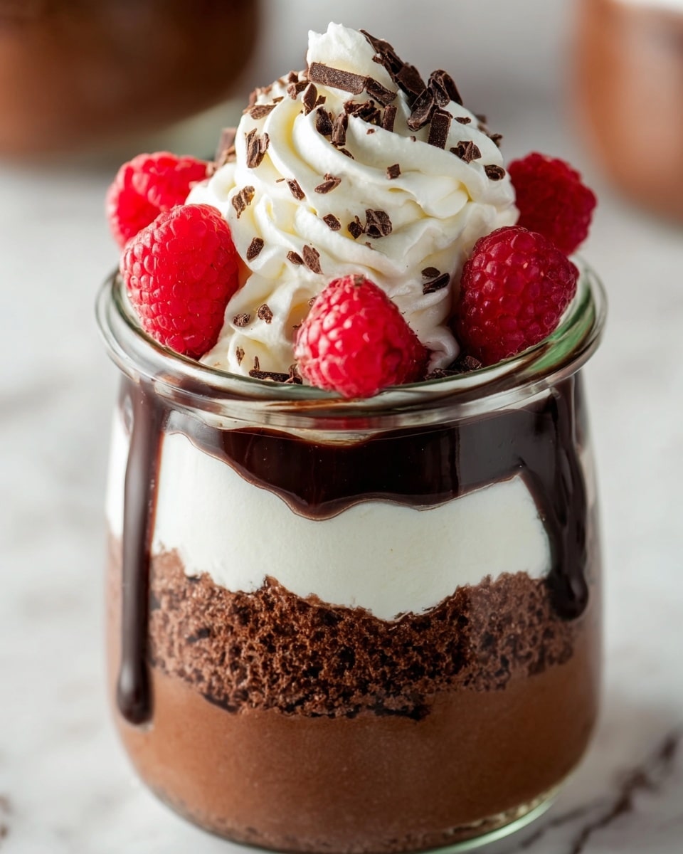 A clear glass jar filled with four distinct layers starting from the bottom: a thick, textured dark chocolate mousse, a smooth white cream layer in the middle, followed by another layer of dark chocolate mousse, then topped with a drizzle of shiny dark chocolate sauce. On top of the jar, a swirl of white whipped cream is decorated with small dark chocolate shavings and three bright red raspberries placed around the cream. The jar is placed on a white marbled surface with a soft blurred background. photo taken with an iphone --ar 4:5 --v 7