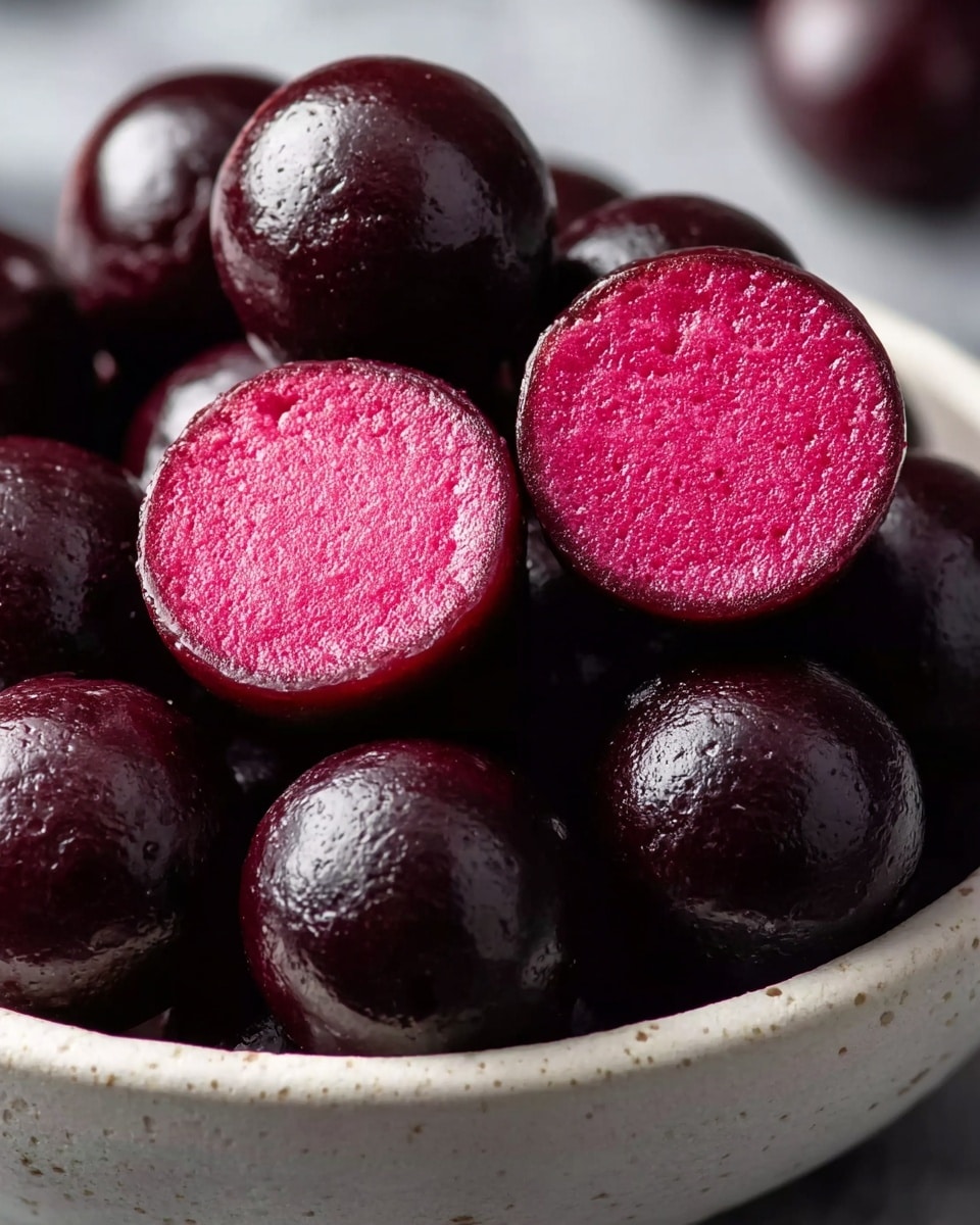 A close-up view of a bowl filled with round, dark reddish-purple glossy candies tightly packed together. The candy layer outside is shiny, smooth, and almost black in color, while the inside is a bright, solid magenta shade with a soft and finely textured look. Two candies are cut in half and placed on top, clearly showing the thick, vibrant pink interior. The bowl is white and rough-textured, resting on a white marbled surface which softly blurs into the background, highlighting the rich colors of the candies. Photo taken with an iphone --ar 4:5 --v 7