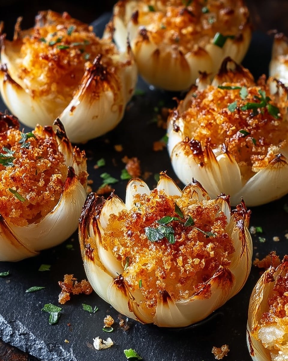 The image shows several roasted onions cut open like flowers with multiple pale white layers peeling back and crisped to a golden brown at the tips. Each onion is topped with a crunchy-looking crumb mixture in golden orange hues with small green herb leaves scattered on top and around. The onions sit closely together on a dark slate surface, highlighting their caramelized edges and crumbly topping texture. photo taken with an iphone --ar 4:5 --v 7