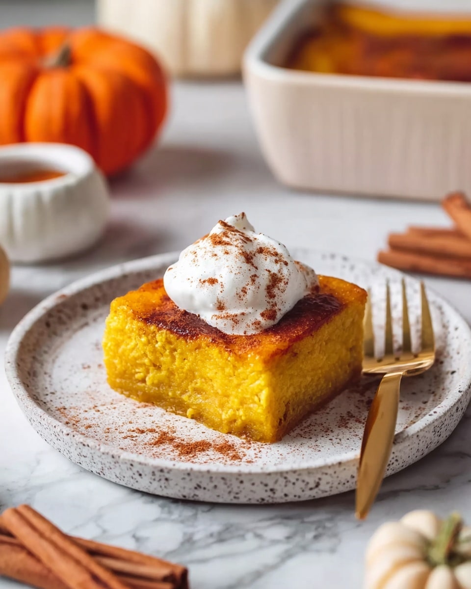 A square piece of yellow-orange baked dessert with a slightly browned, smooth top layer is placed in the center of a round white speckled plate. On top of the dessert is a dollop of white whipped cream sprinkled lightly with brown cinnamon powder. The dessert looks moist and dense, sitting near the middle of the plate with a small gold fork resting on the right side. Surrounding the plate, there is a white marbled surface with cinnamon sticks in the lower left foreground and a blurred light cream-colored dish and orange pumpkin in the background. photo taken with an iphone --ar 4:5 --v 7