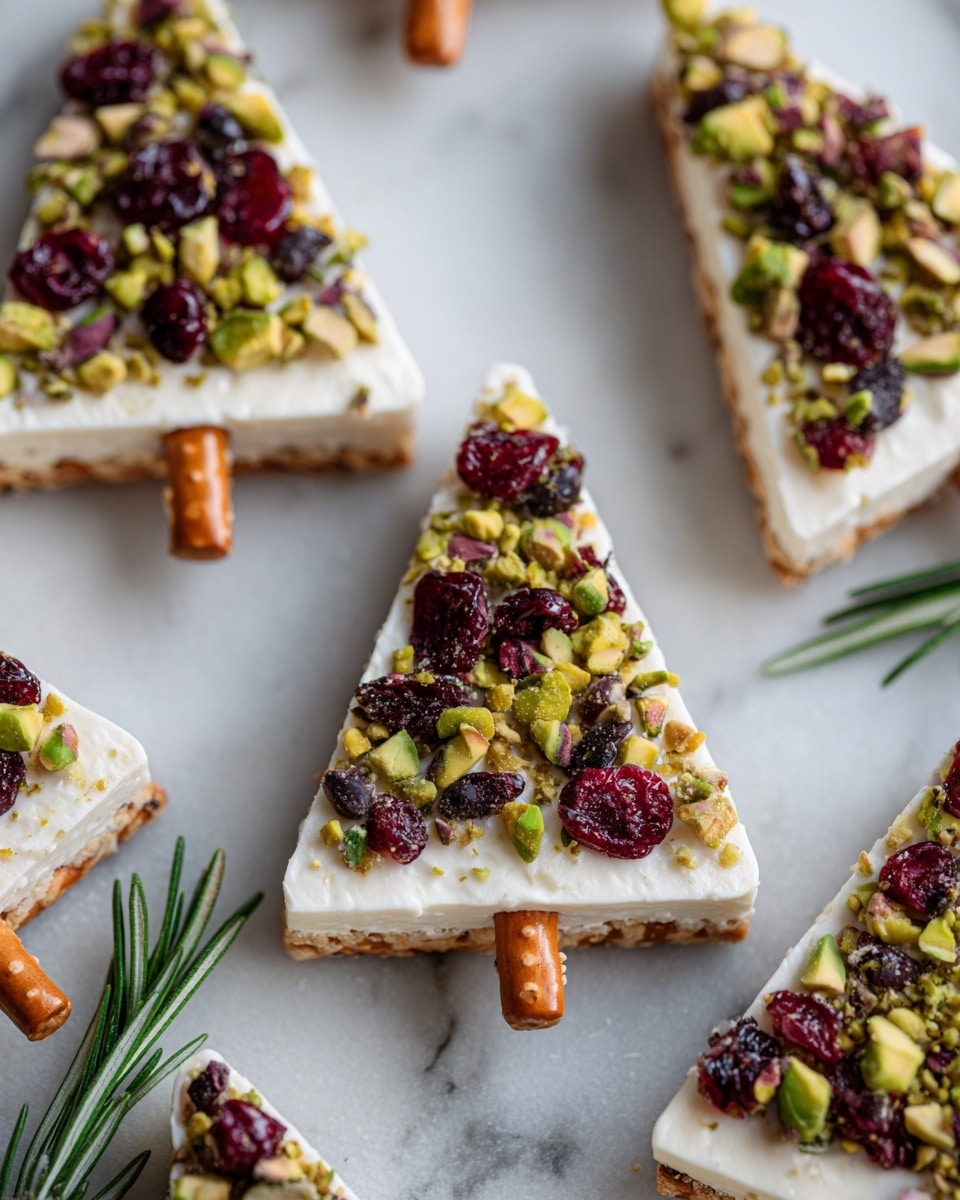 The image shows several small triangular treats shaped like Christmas trees, each with three layers: a base layer of creamy white cheese, a top layer sprinkled with bright green crushed pistachios, red dried cranberries, and small dark green herb pieces, and a bottom layer made of a light brown pretzel stick acting as the tree trunk. The treats are laid out on a white marbled surface, with one decorated with a sprig of green rosemary. The mix of colors and crunchy textures on the smooth cheese makes the treats look festive and appealing. photo taken with an iphone --ar 4:5 --v 7