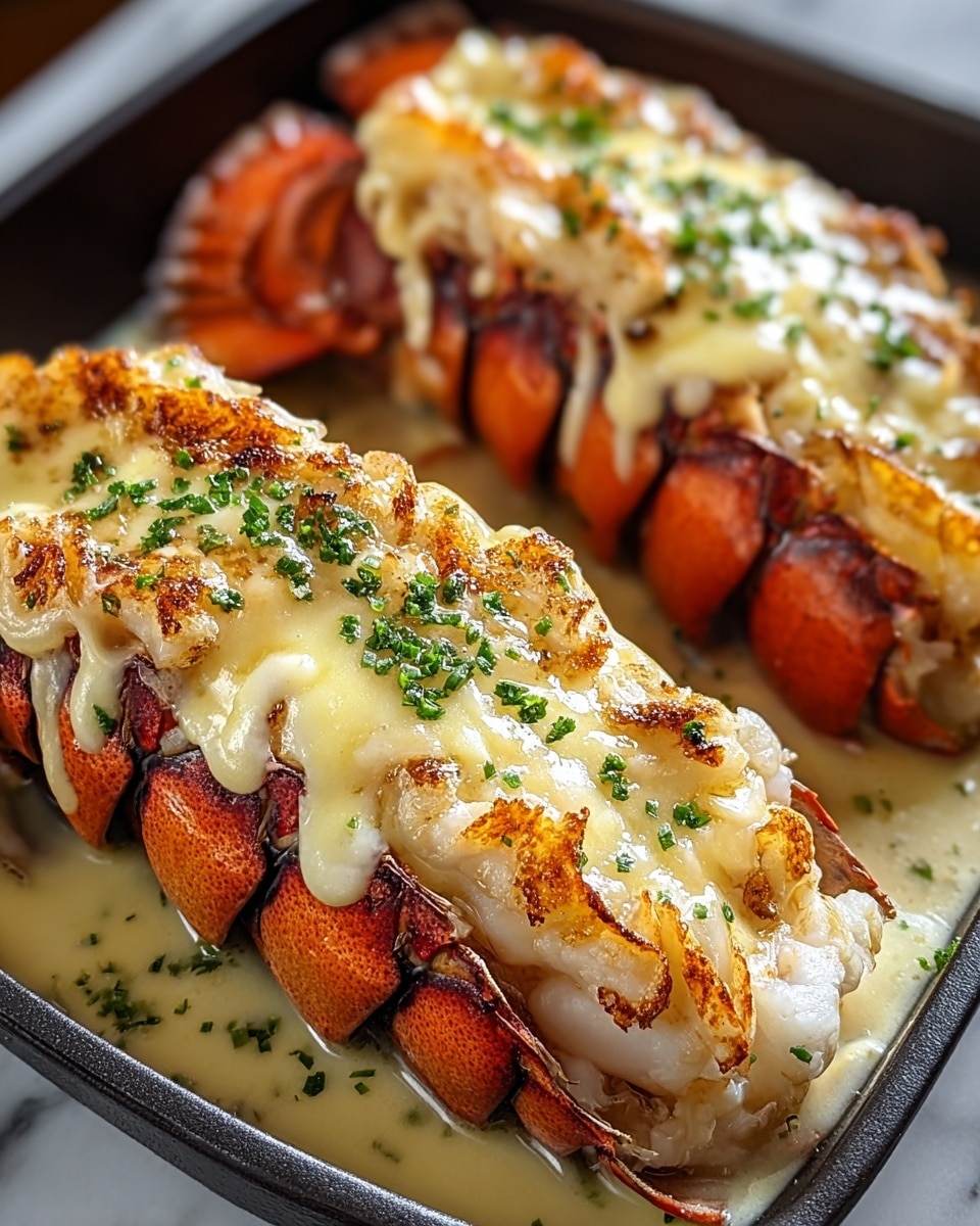 Two lobster tails are arranged side by side in a shallow black serving dish. Each tail is split open with the white lobster meat exposed, showing a slight golden brown char on top. The lobster meat is covered with a creamy, melted, light yellow cheese sauce that drips slightly over the edges. Small green herb sprinkles are scattered evenly on the cheese for added color. The lobster shells are a deep red-orange, contrasting with the creamy sauce and white meat, while the dish rests on a white marbled surface. photo taken with an iphone --ar 4:5 --v 7