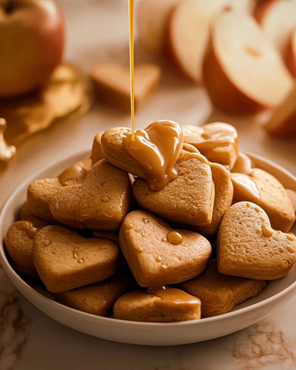 A white bowl filled with many heart-shaped beige cookies stacked loosely, their texture shown as smooth with tiny air pockets. A golden caramel sauce is being poured from above, creating shiny lines and glistening droplets on the cookie tops. The background features a white marbled surface with blurred objects like a sliced apple and curvy shapes softly lit in warm tones. The image highlights the warm glossy look of the caramel and the soft matte finish of the cookies. photo taken with an iphone --ar 4:5 --v 7