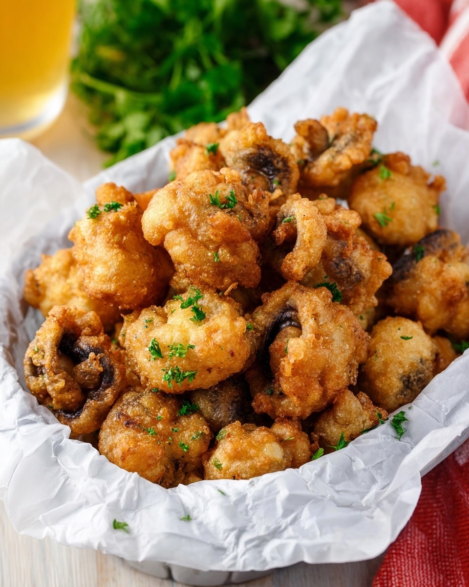 A white basket lined with crinkled white paper holds about three layers of golden-brown fried mushroom pieces, each coated with a crispy textured batter. The mushrooms vary in shape but are mostly round, with some edges curling up, showing dark brown mushroom caps peeking through the crunchy coating. Small bits of green parsley are sprinkled evenly on top, adding a fresh contrast to the golden color. The basket rests on a light wooden surface, with a green herb bunch blurred softly to the side. photo taken with an iphone --ar 4:5 --v 7
