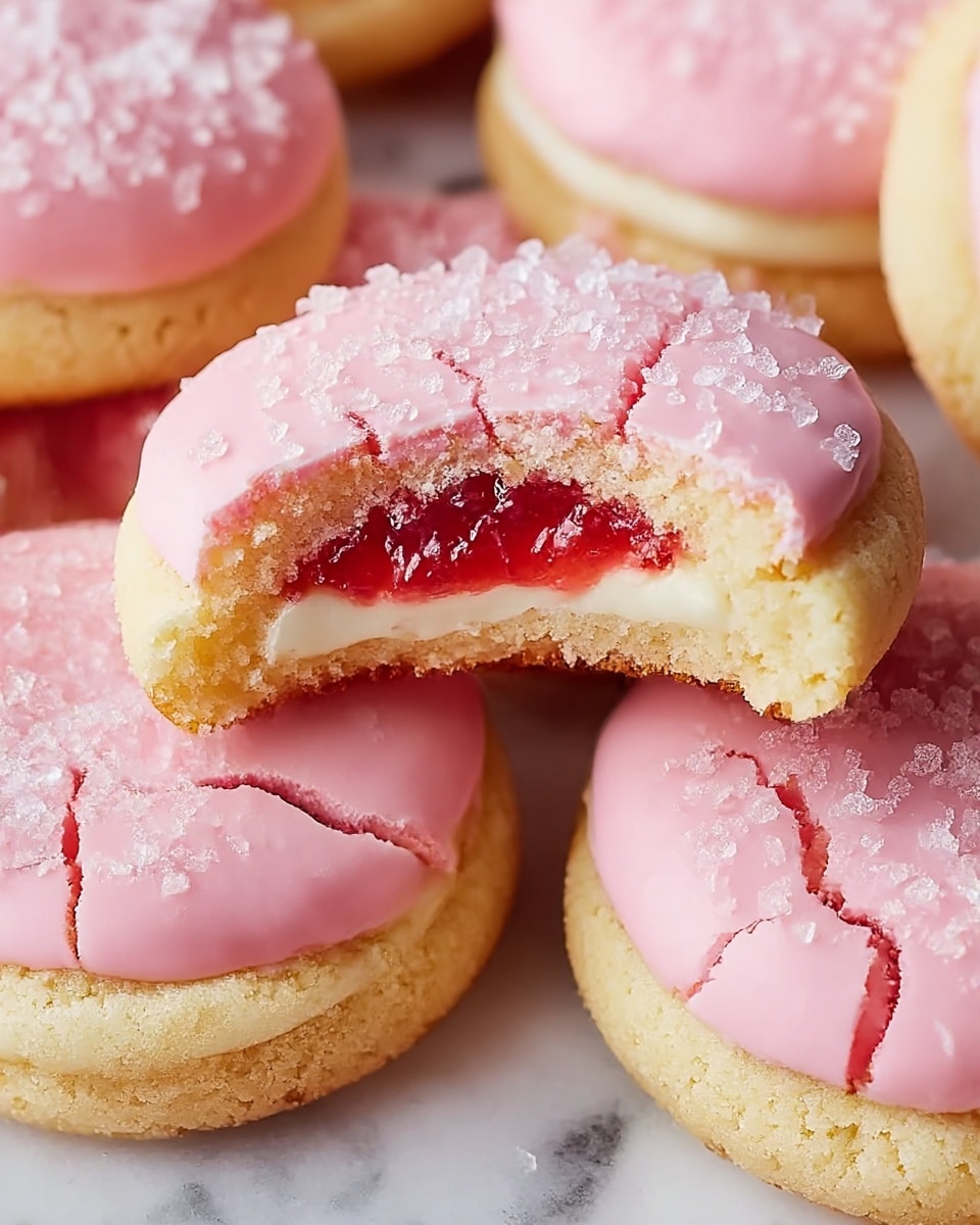 The image shows a close-up of soft cookies with three visible layers: the bottom layer is a thick, crumbly light yellow cookie base, above it is a thin ring of bright red jelly filling, and the top layer is smooth, light pink icing cracked around the edges, sprinkled with chunky white sugar crystals. One cookie is broken in half, showing a creamy white filling in the center, smooth and dense, surrounded by the red jelly. The cookies are stacked on a white marbled surface. photo taken with an iphone --ar 4:5 --v 7