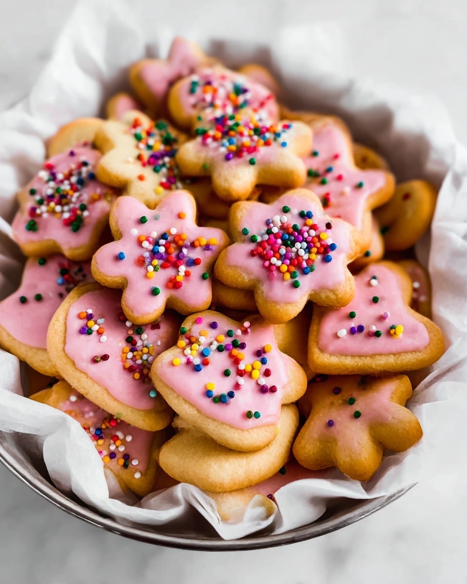 A close-up view of many small cookies in different shapes stacked inside a white paper-lined metal dish. The cookies mostly have a golden-brown base with a smooth layer of pink or white icing on top. Each cookie is decorated with tiny round sprinkles in bright colors like red, blue, green, yellow, purple, and orange scattered evenly over the icing. The cookies overlap in a casual heap, showing different shapes such as flowers, hearts, and abstract forms. The whole scene is set on a white marbled surface. photo taken with an iphone --ar 4:5 --v 7