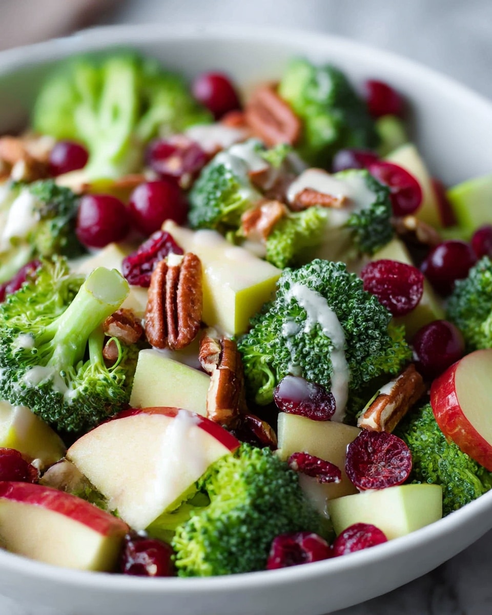 A close-up image of a fresh salad in a white bowl, placed on a white marbled texture. The salad has several layers including bright green broccoli florets with a creamy dressing drizzled on top, small crunchy pecan nut pieces, red and dark red cranberries scattered around, and light green apple chunks with a red skin peel. The mix shows a variety of textures with the smooth dressing, firm broccoli, crunchy nuts, and juicy apples and cranberries. Photo taken with an iphone --ar 4:5 --v 7