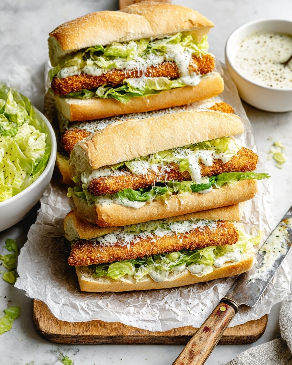 Three sandwiches are stacked on crumpled parchment paper over a wooden board with a white marbled background. Each sandwich has one layer of golden, crispy breaded chicken fillet, topped with fresh green lettuce mixed with creamy white sauce and sprinkled with finely grated white cheese all inside a lightly toasted white sandwich roll. To the side, there is a white bowl filled with more lettuce salad, and another white bowl with pepper-speckled creamy sauce. A rustic knife with a wooden handle, slightly stained with bits of lettuce, rests nearby. Photo taken with an iphone --ar 4:5 --v 7