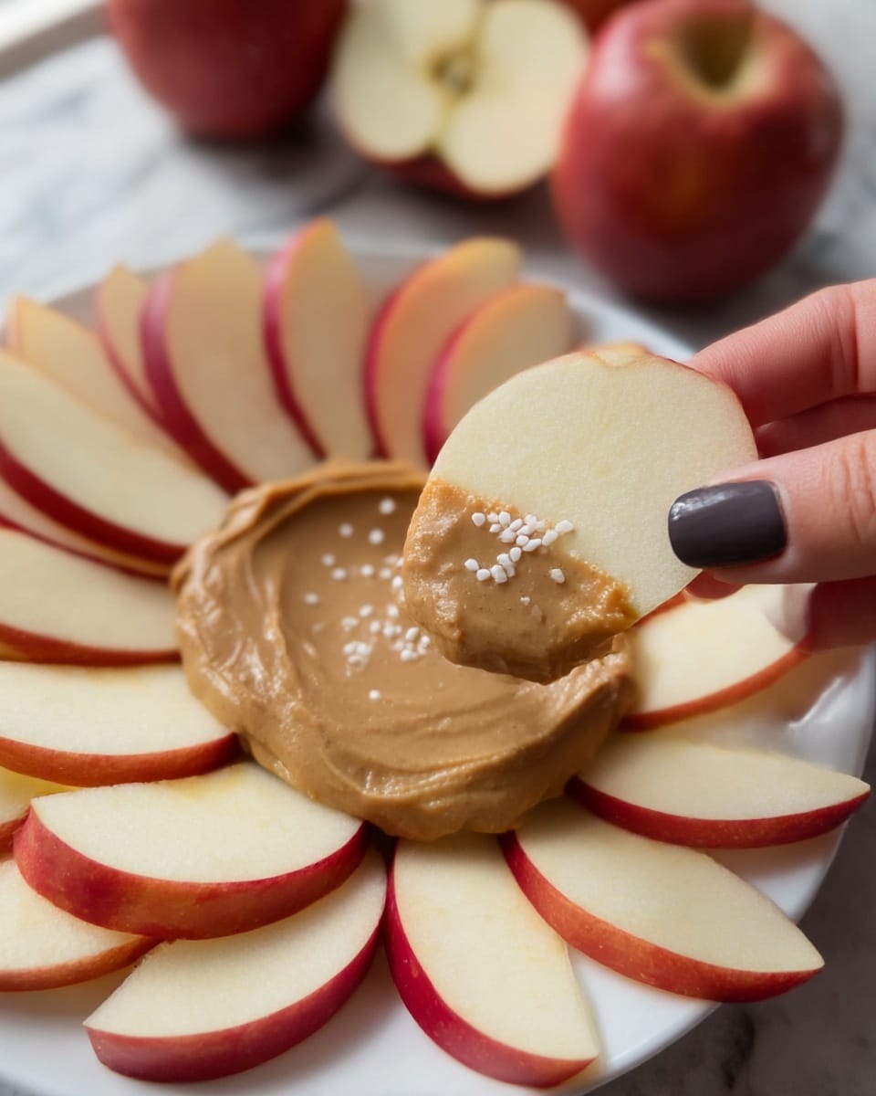 The image shows a white plate on a white marbled surface, filled with a circle of thin apple slices with red edges arranged around the edge. In the center of the plate is a thick layer of light brown peanut butter topped with small white sprinkles. A woman's hand with dark gray nail polish is holding one apple slice partially dipped in the peanut butter, close to the camera in the foreground. Whole apples are blurred in the background. Photo taken with an iphone --ar 4:5 --v 7