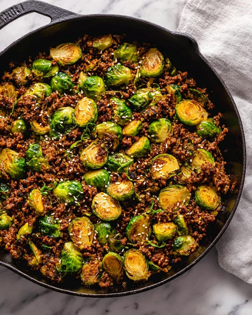 A close-up view of a black cast iron pan filled with a cooked mixture of ground beef and halved Brussels sprouts. The Brussels sprouts are bright green with some golden brown, crispy edges, scattered evenly throughout the medium to fine textured ground beef, which is deep brown and slightly moist. White sesame seeds are sprinkled on top, adding small pops of contrasting color. The pan rests on a white marbled surface with a light grey cloth partially visible at the top right corner. Photo taken with an iphone --ar 4:5 --v 7