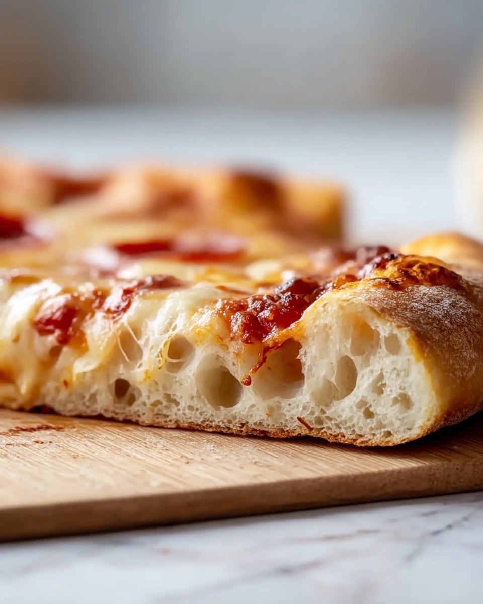 A close-up side view of a slice of pizza resting on a wooden board with a white marbled surface in the blurred background. The pizza slice has a thick crust with a light golden color and airy texture showing holes inside. The top layer is melted cheese with a bubbly and browned texture in some spots. Below the cheese, patches of red tomato sauce are visible. The crust edge looks puffed and slightly browned. photo taken with an iphone --ar 4:5 --v 7