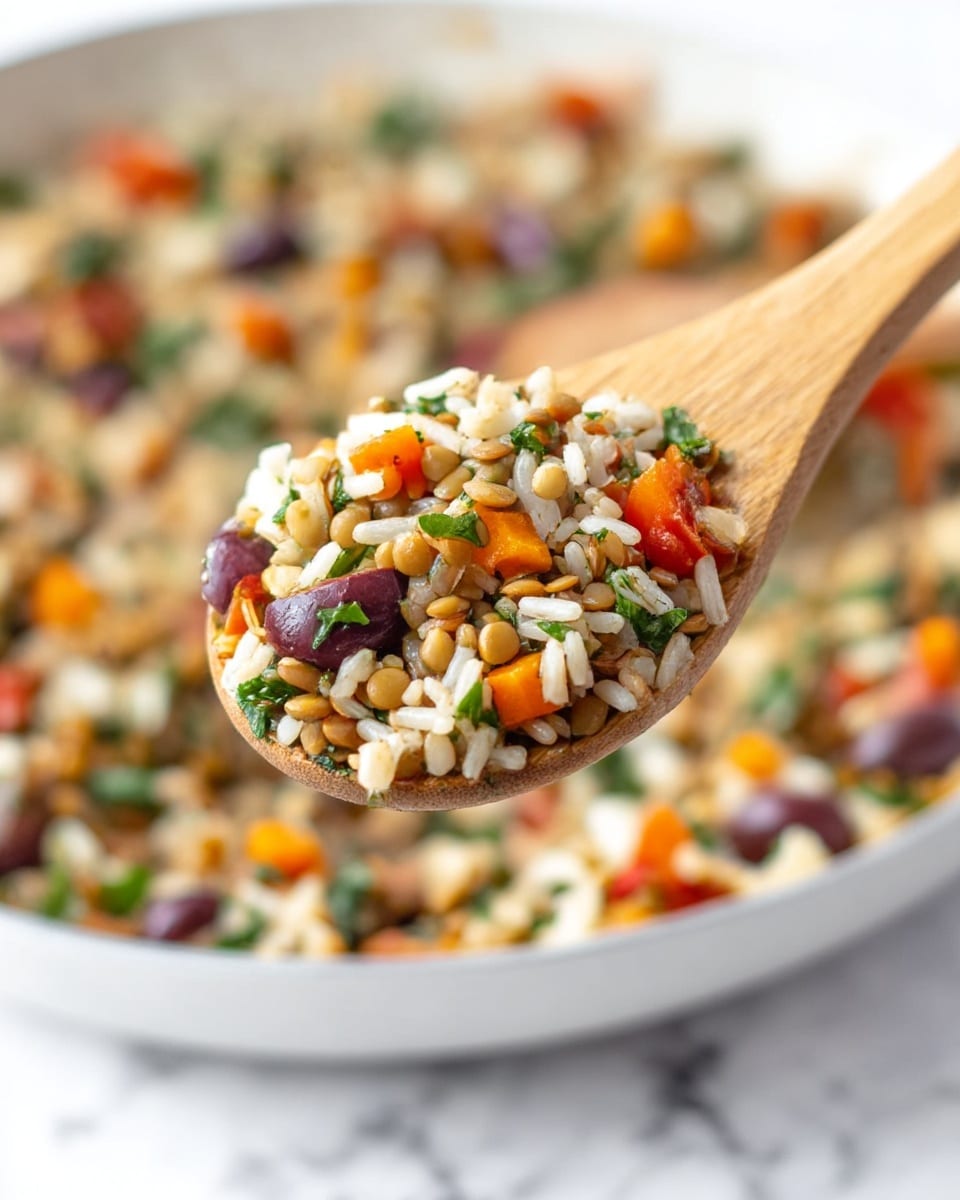 The image shows a close-up of a wooden spoon holding a mix of white long-grain rice, small tan lentils, diced bright orange bell peppers, chopped green leafy herbs, and halved dark purple olives. The spoon is positioned above a white pan filled with the same colorful mixture, all resting on a clean white marbled surface. In the background, a blurred white bowl filled with the same rice and lentil salad sits out of focus. The ingredients create a vibrant, textured view with a mix of soft grains, crisp vegetables, and firm olives. photo taken with an iphone --ar 4:5 --v 7