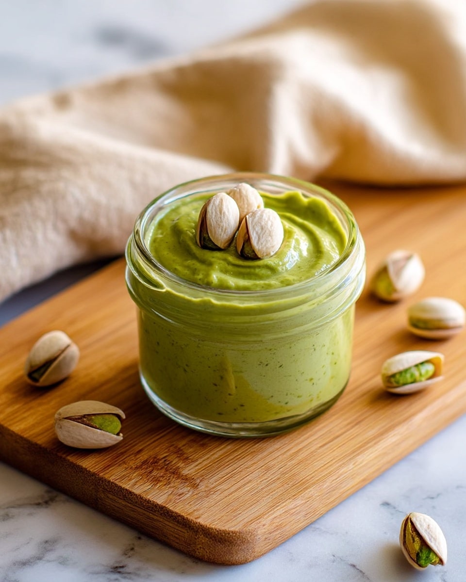 A small clear glass jar filled with smooth, thick green pistachio cream topped with three whole pistachio nuts. The jar sits on a wooden cutting board with a few cracked pistachio shells scattered around it. In the background, there is a soft beige cloth resting on the wooden board, all placed on a white marbled surface. The lighting is natural, highlighting the creamy texture and vibrant green color of the cream. Photo taken with an iphone --ar 4:5 --v 7