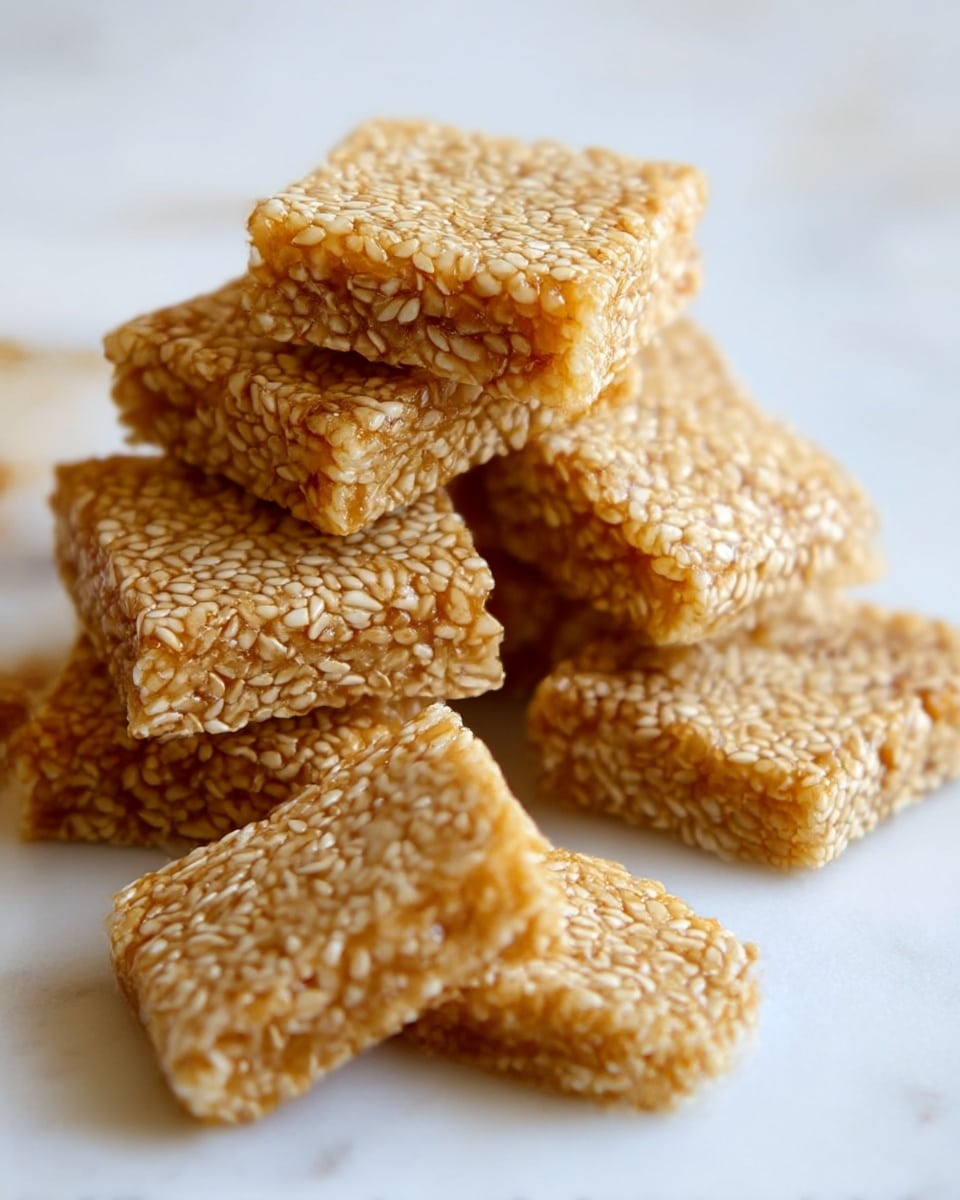 The image shows a close-up of several sesame seed bars stacked on a white marbled surface. Each bar is a single layer of tightly packed light golden sesame seeds held together by a sticky, glossy caramel-like syrup, giving the bars a textured and shiny look. The bars vary slightly in size but have a rough square shape with visible seeds on all sides. The stack is slightly uneven, with some bars leaning against others and a few lying flat in front, showing their thickness and glossy texture. Photo taken with an iphone --ar 4:5 --v 7