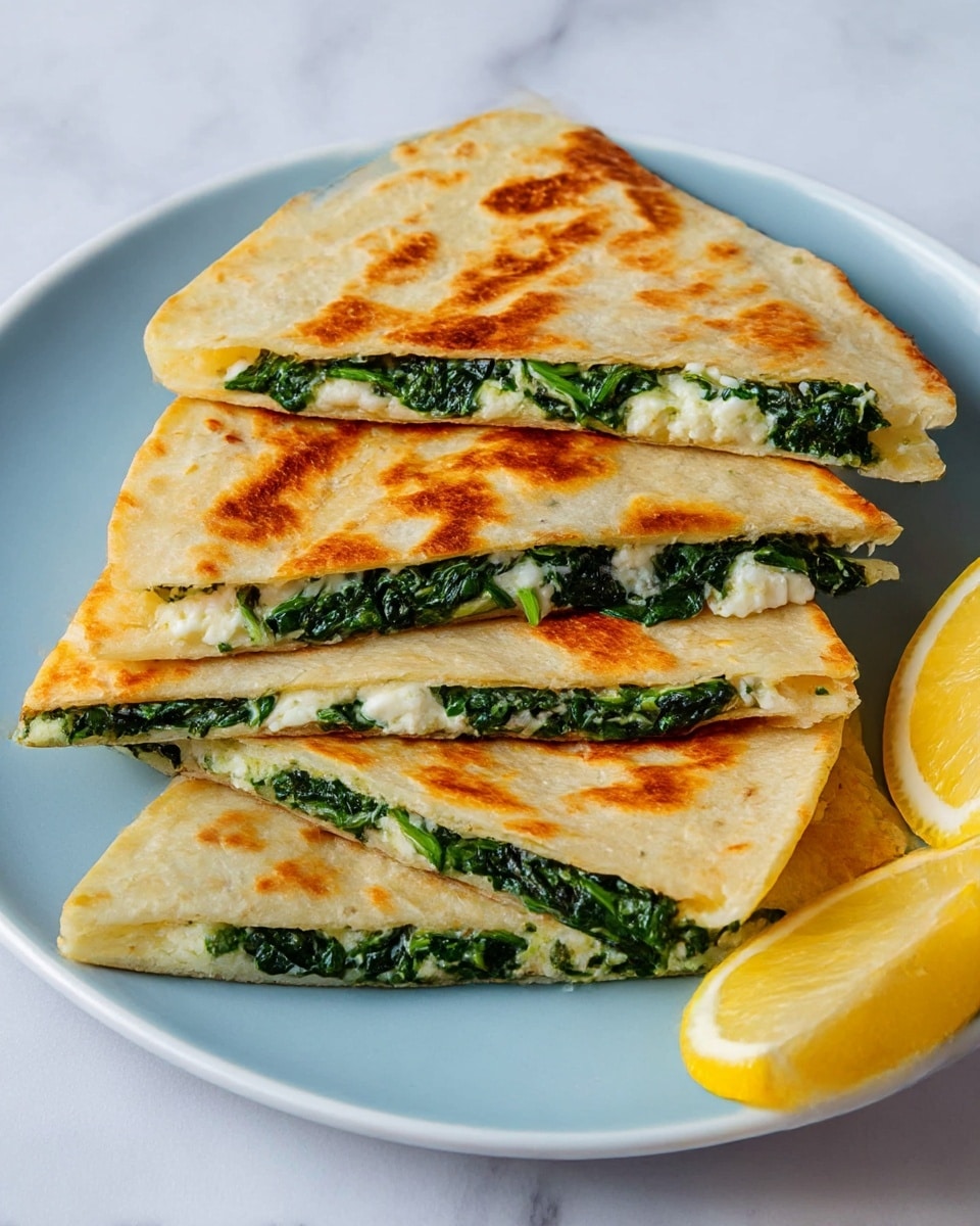 There are three folded quesadilla slices stacked on a white plate, showing three layers: a golden-brown, crispy outer tortilla with light and dark toasted patches, a bright green leafy spinach filling with a slightly wilted texture, and a layer of soft, crumbly white cheese mixed with the spinach. Lemon wedges sit beside the plate, all placed on a white marbled surface. photo taken with an iphone --ar 4:5 --v 7