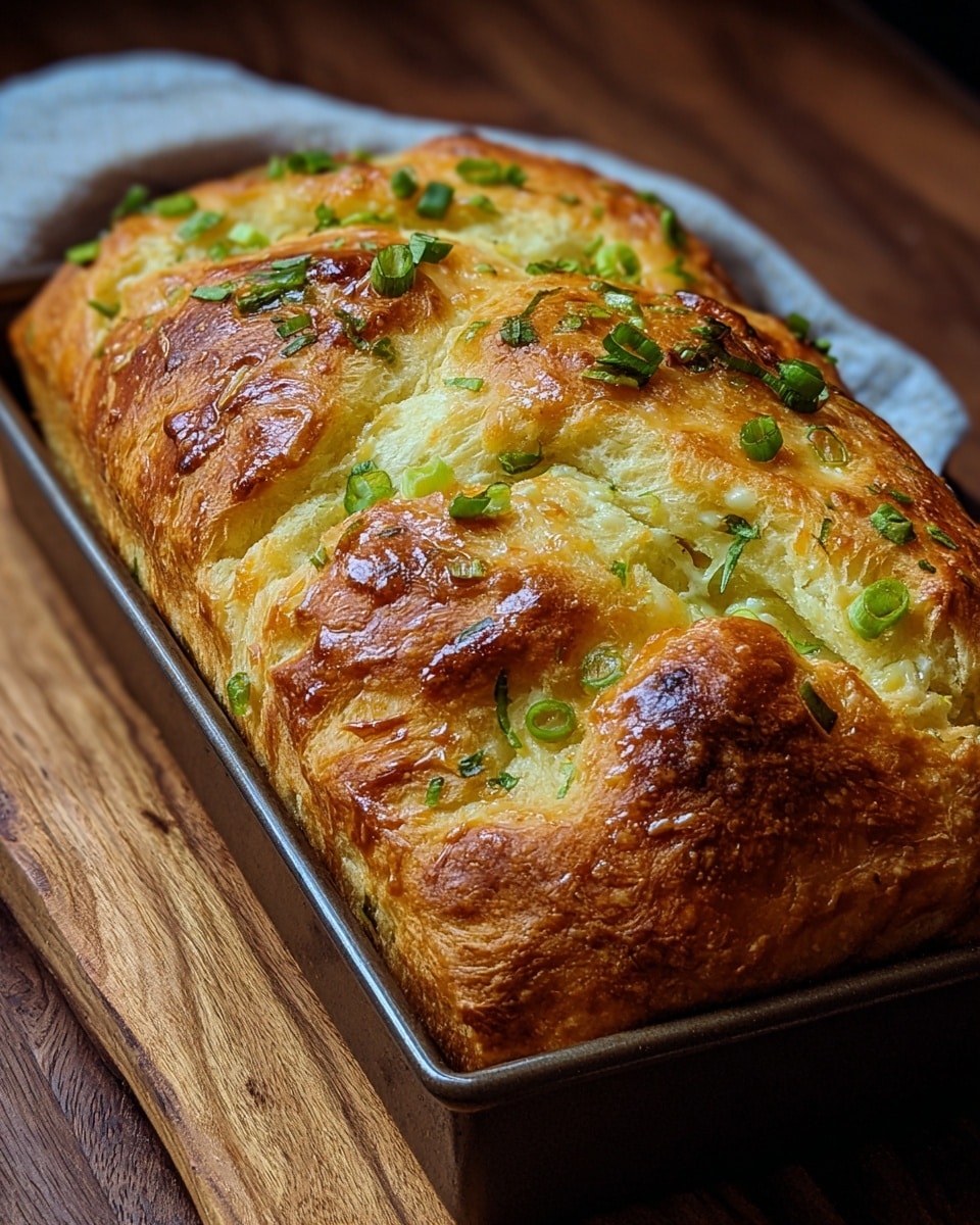A golden brown loaf of bread sits in a dark baking pan on a wooden board. The crust is shiny and crispy with uneven cracks and soft, fluffy layers visible beneath. Scattered across the top are small bits of melted cheese and finely chopped bright green onions, adding texture and color to the shiny golden surface. The loaf looks thick and pillowy inside with a slightly rough surface showing the bread’s airy texture. Photo taken with an iphone --ar 4:5 --v 7