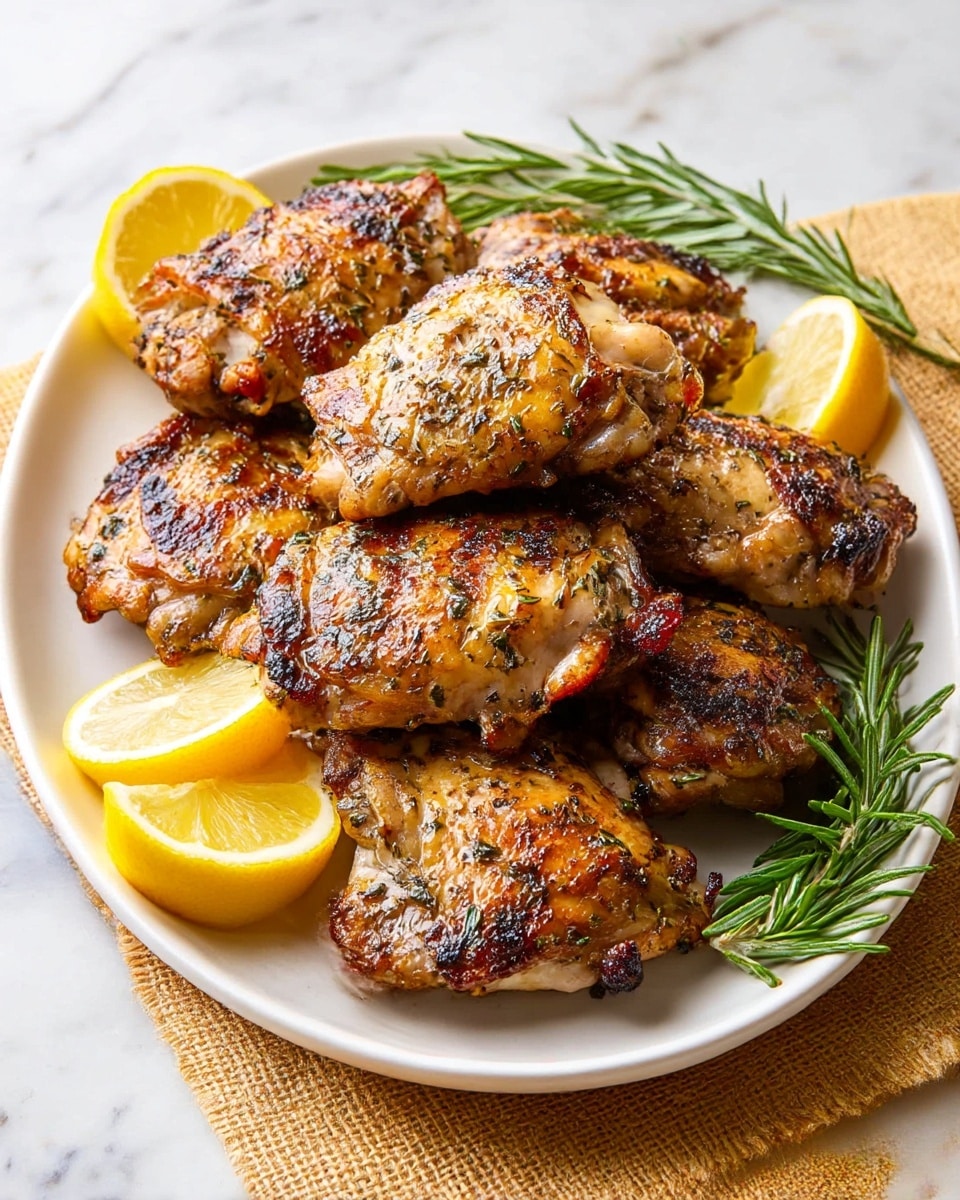 A white oval plate holds a pile of golden-brown grilled chicken thighs with a slightly charred texture and visible herbs sprinkled on top. The chicken pieces are stacked in two layers, showing juicy and crispy skin. Bright yellow lemon wedges are placed around the chicken, adding a fresh contrast. Fresh green rosemary sprigs are laid next to the chicken, giving a natural touch. The plate sits on a light brown burlap cloth over a white marbled surface, adding softness and elegance to the presentation. photo taken with an iphone --ar 4:5 --v 7