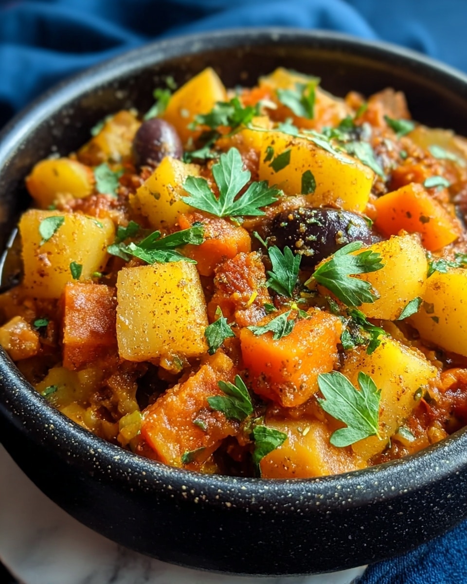 The image shows a close-up of a black bowl filled with a colorful vegetable stew. The stew has multiple layers of cubed yellow potatoes and orange carrots, mixed with small pieces of dark olives and brown spices visible in the sauce. On top, fresh green parsley leaves are scattered, adding a bright contrast. The surface beneath the bowl is a white marbled texture covered partly by a dark blue cloth. photo taken with an iphone --ar 4:5 --v 7