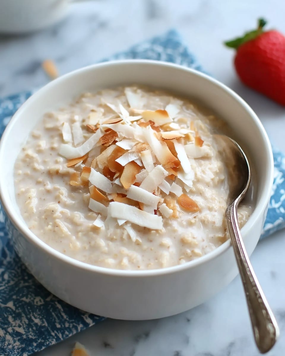 A white bowl filled with creamy oatmeal that has a light beige color and a thick texture. On top, there are scattered toasted coconut flakes with a mix of white and golden brown colors adding a crunchy look. A silver spoon with a detailed handle is partially dipped into the oatmeal on the right side of the bowl. The bowl sits on a blue and white patterned cloth, placed on a white marbled surface, and a red strawberry is blurred in the background. Photo taken with an iphone --ar 4:5 --v 7