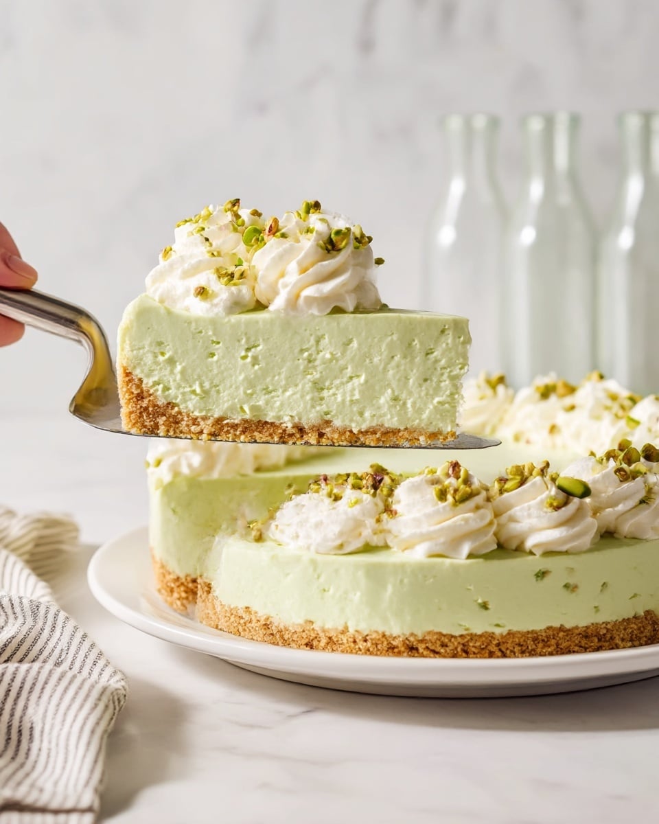 A slice of light green creamy cheesecake with a crumbly golden brown crust is being lifted with a metal spatula; the cheesecake has a smooth, thick layer of pale green filling above the crust, topped with a swirl of white whipped cream sprinkled with small pieces of green pistachios. The cheesecake on the white plate shows multiple swirls of white whipped cream evenly spaced around its edge, each decorated with chopped pistachios. The background has a white marbled texture with soft lighting, two clear glass bottles slightly blurred, and a striped cloth napkin to the side. Photo taken with an iphone --ar 4:5 --v 7