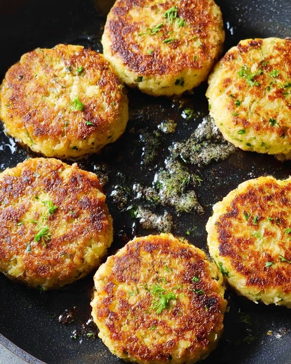The image shows six round, golden-brown patties cooking in a black pan. Each patty is about one layer thick and has a crunchy, textured surface speckled with green herbs scattered on top. The patties have a slightly uneven, crumbly texture with crispy browned spots across the top and edges. The pan's surface is shiny with some spots of oil, highlighting the cooked patties. The overall color is warm with a mix of yellow, orange, and brown shades. Photo taken with an iphone --ar 4:5 --v 7