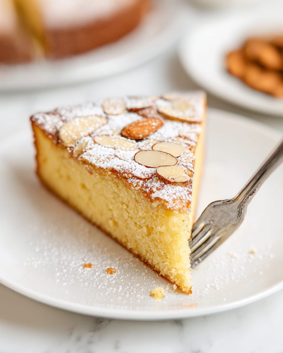 A single slice of light yellow almond cake sits on a white plate, with a silver fork gently pressing into the right side of the slice. The cake has a soft, moist texture and a golden-brown crust around the edge. The top layer is decorated with thin, toasted almond slices and lightly dusted with powdered sugar, some of which has fallen onto the plate. The background shows a blurred white marbled surface with another plate of almonds out of focus. Photo taken with an iphone --ar 4:5 --v 7