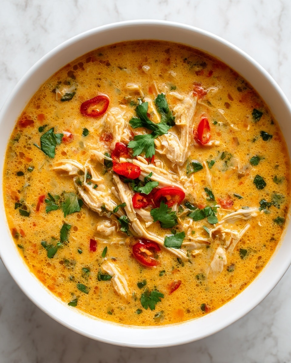 A white bowl filled with creamy orange soup with visible shredded chicken pieces layered throughout. Floating on the top are chopped red chili slices, fresh green cilantro leaves, and small bits of herbs, adding color contrast and texture. The soup surface is smooth with slight ripples, and the bowl sits on a white marbled textured surface. photo taken with an iphone --ar 4:5 --v 7