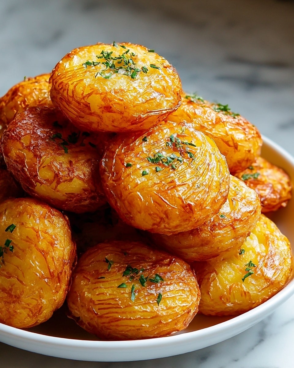A stack of round, golden-brown potato balls with a crispy, textured outer layer is placed in a white bowl. Each potato ball has a slightly rough surface with small flecks of green herbs sprinkled on top, adding a fresh contrast to the warm tones. The potato balls shine with a slight oily glaze, showing a perfectly cooked and crunchy exterior. The bowl sits on a white marbled surface, providing a clean and bright background that highlights the rich color of the potatoes. photo taken with an iphone --ar 4:5 --v 7