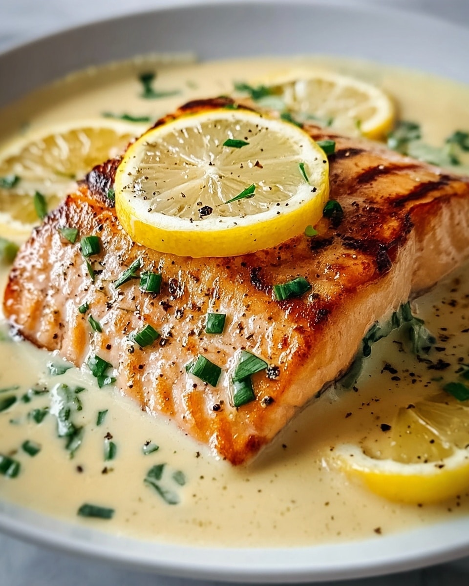 A close-up of a grilled salmon fillet with a light brown crust and visible grill marks, placed at the center of a shallow white plate filled with a creamy, pale yellow sauce. The sauce is sprinkled with small chopped green herbs and black pepper. On top of the salmon, there is a thin round slice of lemon. Around the salmon, there are lemon wedges partially submerged in the sauce. The plate rests on a white marbled surface. photo taken with an iphone --ar 4:5 --v 7