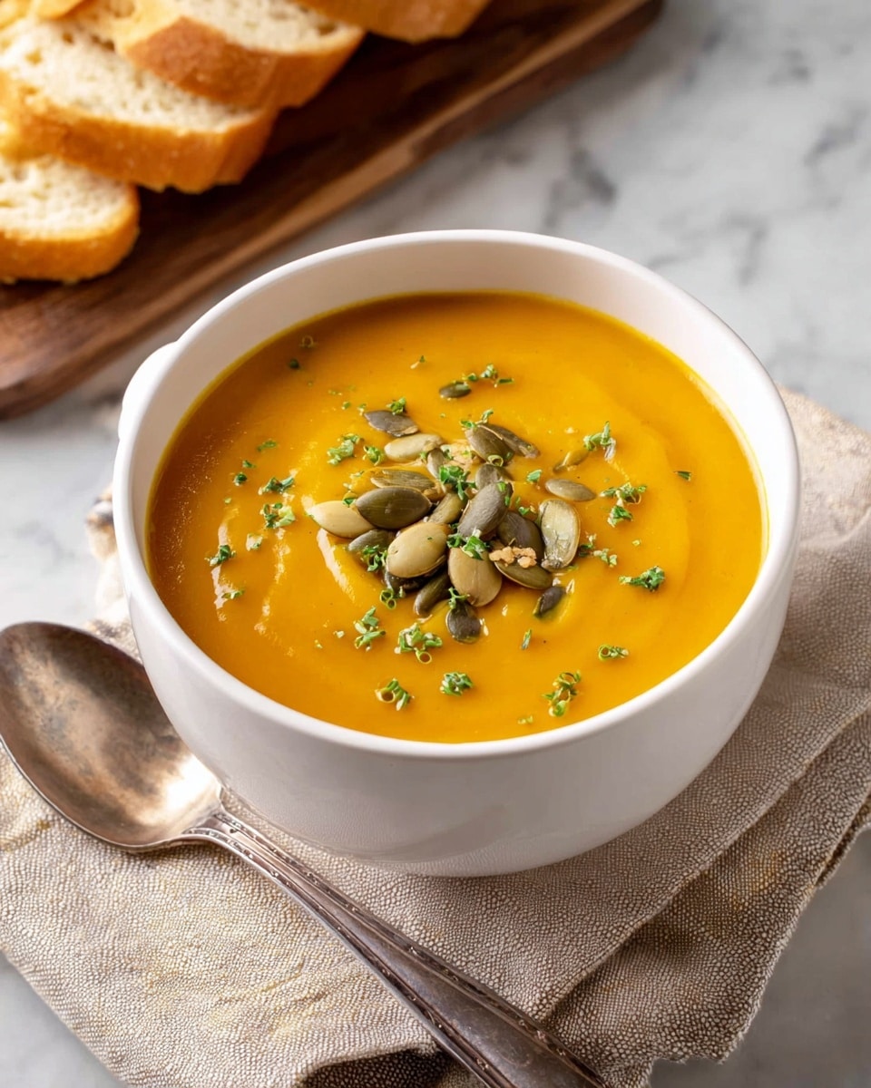 A white bowl filled with smooth orange pumpkin soup, topped with a small pile of mixed pumpkin seeds and finely chopped green herbs scattered on the surface. The bowl sits on a folded beige napkin with visible texture, placed on a white marbled surface. Next to the bowl is a vintage silver spoon partially resting on the napkin. In the background, a wooden cutting board holds several slices of light golden toasted bread, slightly blurred. photo taken with an iphone --ar 4:5 --v 7