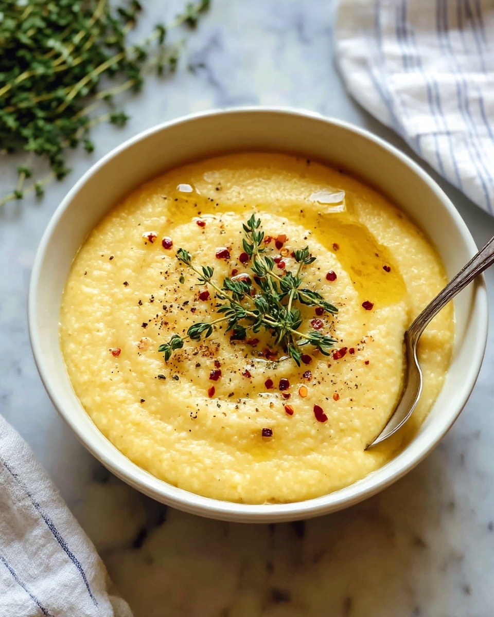 A white bowl filled with creamy yellow polenta, smooth in texture with a slightly thick consistency, topped with a few sprigs of fresh green thyme placed neatly in the center, sprinkled with crushed red chili flakes and small specks of black pepper. A silver spoon is partially dipped into the polenta on the right side of the bowl. The bowl sits on a white marbled surface next to a blue and white striped cloth, with small bowls containing crushed red chili flakes and coarse salt visible nearby. photo taken with an iphone --ar 4:5 --v 7