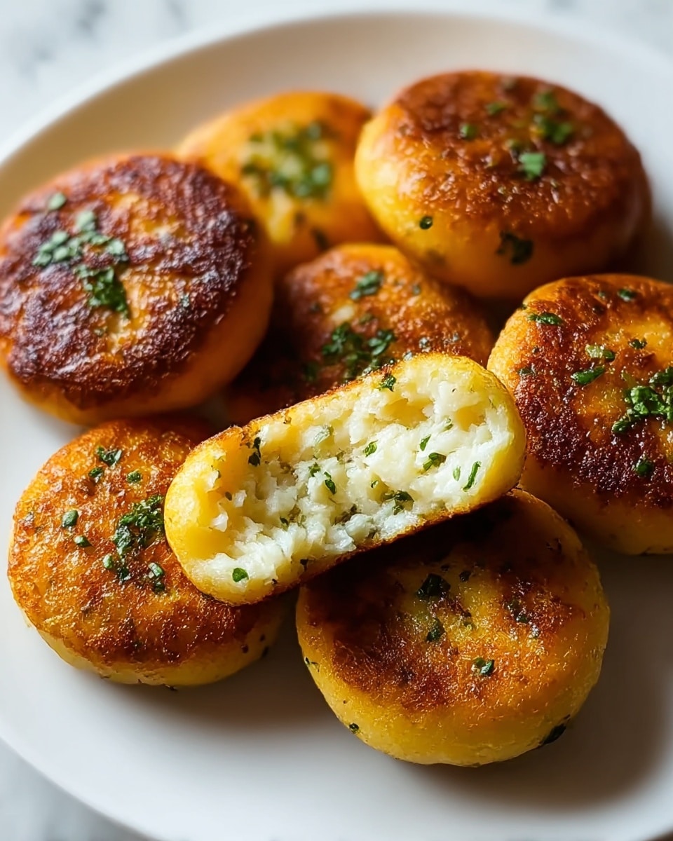 Round golden brown patties with a crispy outer layer topped with small green herb pieces sit on a white plate. One patty is broken open in the center, showing a soft, crumbly inside with white and light yellow tones mixed with green herbs. The patties have a smooth but slightly textured surface, and they are arranged close together, filling the plate. The whole scene is set on a white marbled surface, and the lighting highlights the warm, toasted color of the food. photo taken with an iphone --ar 4:5 --v 7