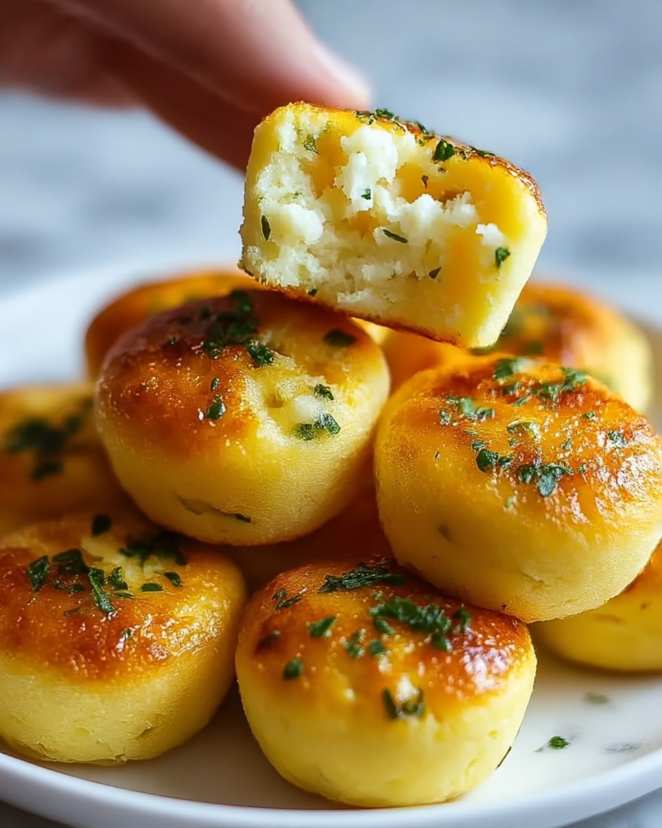 The image shows small round golden brown cakes with a slightly crispy top, all stacked close together on a white plate placed on a white marbled surface. The cakes are light yellow inside with a soft texture, scattered with small green herb pieces. One cake is held on top by a woman's hand, showing the inside which is crumbly and filled with white and green bits. The tops of the cakes have a shiny, caramelized surface sprinkled with finely chopped green herbs. Photo taken with an iphone --ar 4:5 --v 7