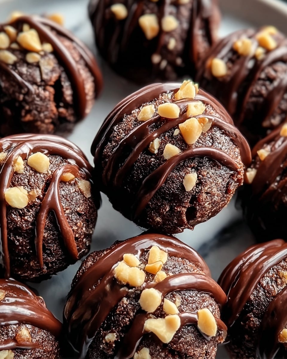 A close-up view of several dark brown, rough-textured chocolate balls tightly packed together. Each ball is topped with a shiny layer of smooth, dark chocolate drizzle that runs down the sides. Small beige nut pieces are scattered on top, adding a contrasting texture and color. The overall look shows rich, dense chocolate mixed with crunchy nut bits on a crisp white marbled background. photo taken with an iphone --ar 4:5 --v 7