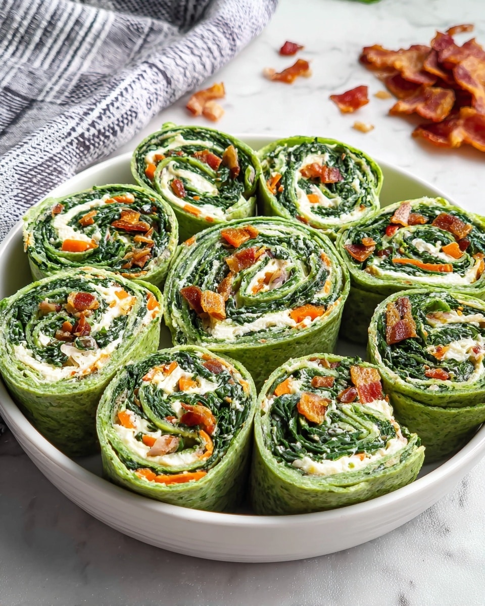 The image shows a white dish filled with ten green spinach wraps cut into thick spiral slices. Each wrap has multiple layers: the outer green spinach tortilla, followed by a creamy white layer of cheese, and inside, a mix of dark leafy greens with small pieces of orange carrot and bits of white cheese scattered throughout. The wraps are arranged closely in the dish, standing upright to reveal their swirling layers. The dish sits on a white marbled surface with some small pieces of crispy bacon around it and a striped cloth in the background. Photo taken with an iphone --ar 4:5 --v 7