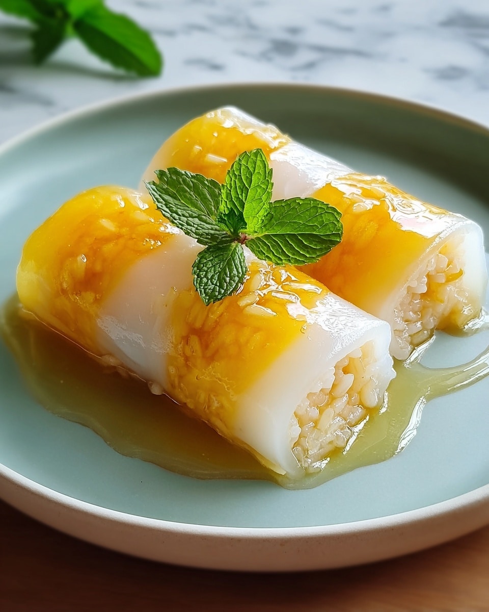 Two rolls are placed side by side on a white plate, each roll made with three layers: the bottom and top layers are translucent white and smooth, while the middle layer is bright yellow with rice grains embedded inside. A shiny syrup covers the rolls, pooling slightly around them on the plate. A small green mint leaf sits on top of the front roll, adding a fresh contrast. The plate is on a white marbled surface. photo taken with an iphone --ar 4:5 --v 7
