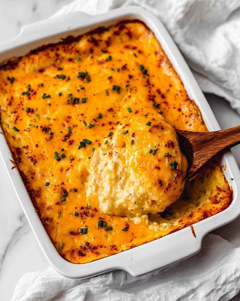 A white square casserole dish filled with a baked cheesy casserole, topped with a thick layer of melted, golden-yellow cheese sprinkled with small green herb pieces. The cheese top has a slightly bubbly texture with ridges and browned spots. A wooden spoon scoops out a portion from the bottom right corner, revealing creamy layers underneath that look soft and mixed with cheese and herbs. The dish sits on a white marbled surface with a white cloth nearby. photo taken with an iphone --ar 4:5 --v 7