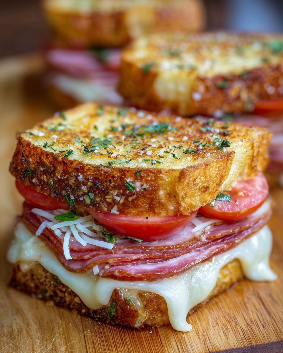 The image shows a close-up of a toasted sandwich with three layers inside a crusty golden-brown bread that is sprinkled with herbs and coarse salt on top. Starting from the bottom, there is a layer of melted creamy white cheese that oozes slightly over the edge. Above that are thin slices of red salami, followed by several slices of pinkish ham. Next, there is a layer of thin white shredded cheese, topped with a slice of fresh red tomato. The sandwich is presented on a wooden surface with another sandwich blurred in the background. photo taken with an iphone --ar 4:5 --v 7