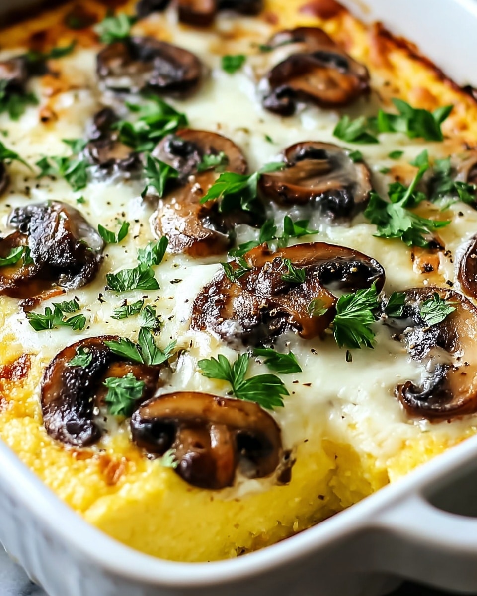 The image shows a baked dish in a white square casserole dish with two handles. The dish has two layers: the bottom layer is thick and yellow with a soft texture, likely creamy cornmeal or polenta. The top layer is melted cheese, browned in spots, with slices of cooked brown mushrooms scattered evenly across. Small green herb leaves are sprinkled on top, adding a fresh touch. The edges of the dish show some slight browning, indicating it is freshly baked. The photo has a close-up view with a white marbled texture under the dish. photo taken with an iphone --ar 4:5 --v 7