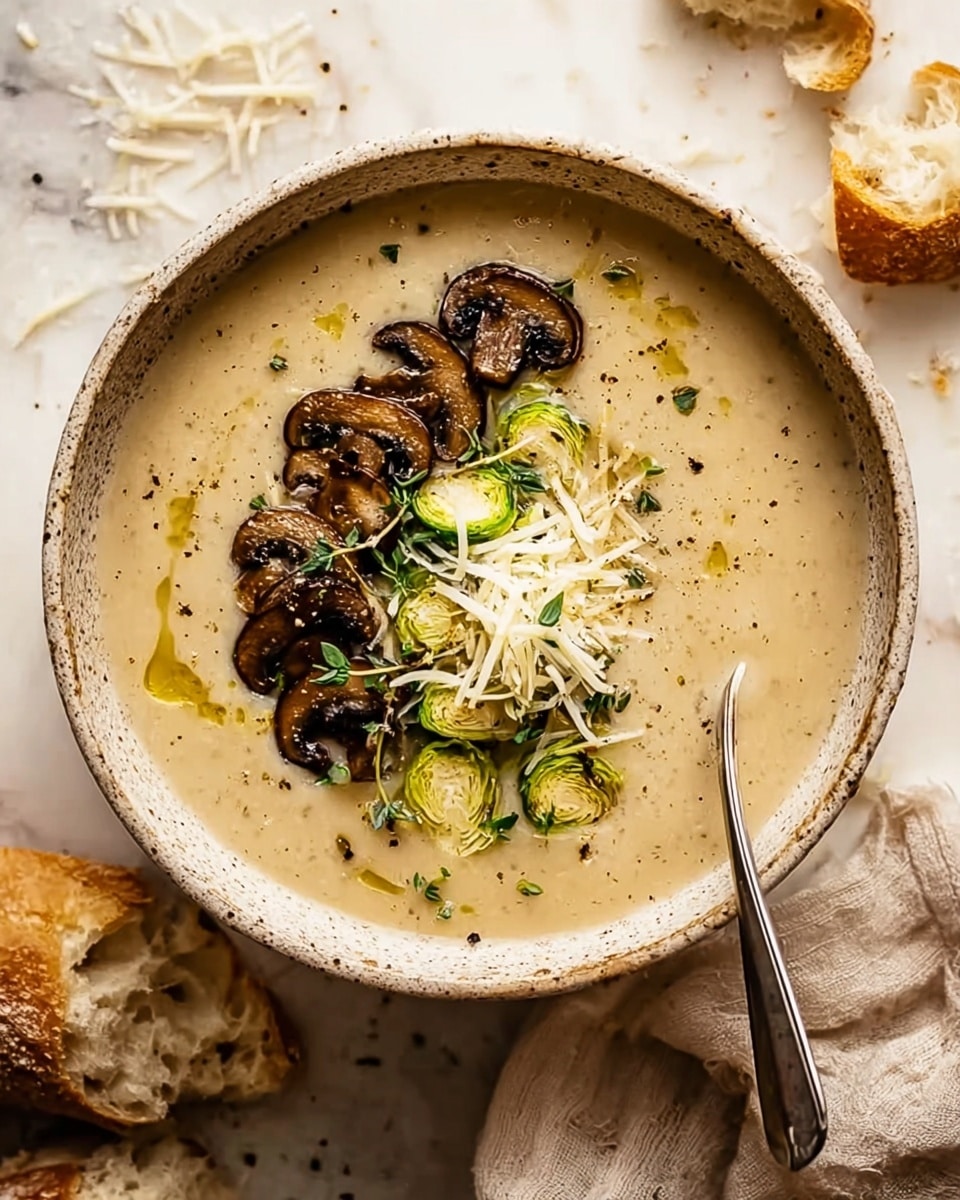 A bowl of creamy beige soup is shown with a smooth texture filling most of a round, slightly speckled bowl. On top, there is a line of dark brown sautéed mushroom slices, small light green Brussels sprout halves, and a pile of finely shredded white cheese in the center. Small drops of golden olive oil are scattered across the soup, along with a light sprinkle of black pepper and tiny green herbs. A silver spoon rests on the right side inside the bowl, partially submerged. The bowl sits on a white marbled surface with some torn pieces of crusty bread nearby and a light beige cloth to the right. Photo taken with an iphone --ar 4:5 --v 7