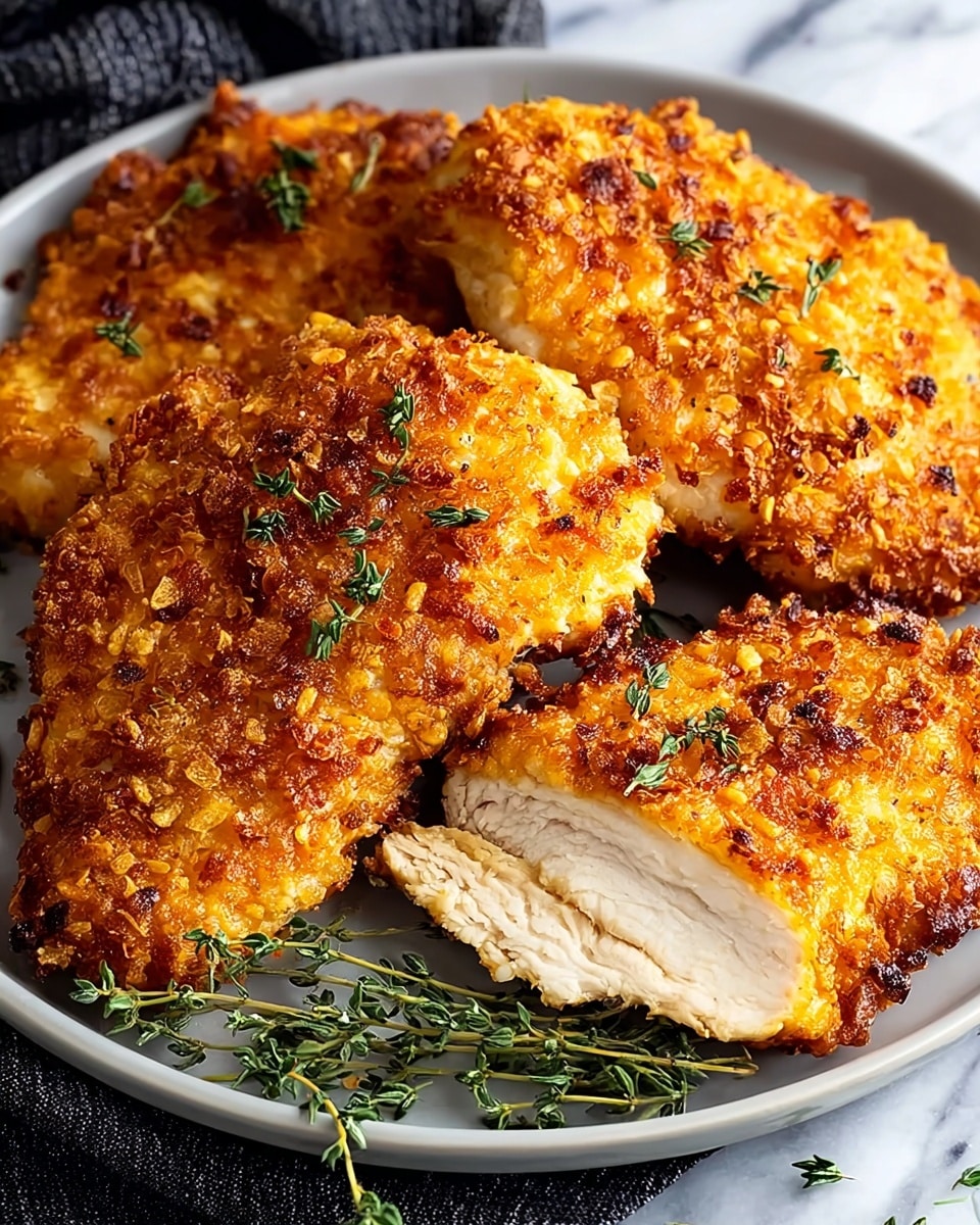 The image shows a close-up of four pieces of crispy golden-brown fried chicken placed on a white plate. Each piece has a crunchy textured coating with small bits of browned crumbs unevenly covering the surface. One piece is cut open to reveal the juicy white chicken meat inside, showing two layers: the golden outer crust and the smooth, tender inner meat. Small green thyme leaves are scattered on top of the chicken pieces and a small bunch of fresh thyme rests on the side, adding a touch of green color. The plate sits on a white marbled surface with a dark, textured cloth visible at the edge. Photo taken with an iphone --ar 4:5 --v 7
