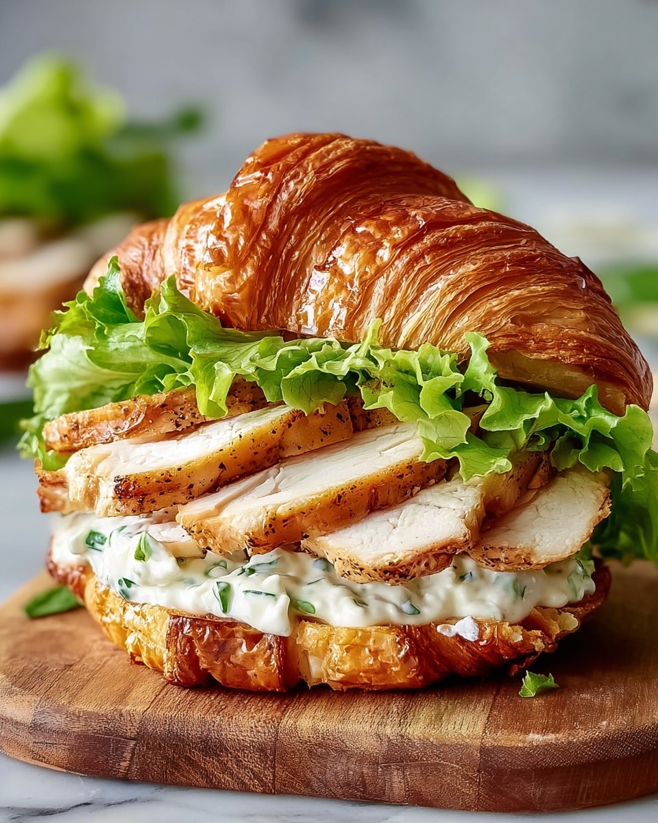 The image shows a croissant sandwich with three clear layers on a wooden board set on a white marbled surface. The bottom layer is a flaky, golden-brown croissant base with a rough texture. On top of this is a creamy white sauce spread evenly, with some green herbs mixed in. Above the sauce, there is a fresh green leaf of lettuce that looks crisp and slightly curled at the edges. The main layer consists of thick, grilled chicken slices that are golden brown with visible seasoning, laid neatly over the lettuce. Another layer of green lettuce with ruffled edges sits above the chicken. The sandwich is finished with the top half of the croissant, golden and flaky with a slightly glossy texture. Photo taken with an iphone --ar 4:5 --v 7