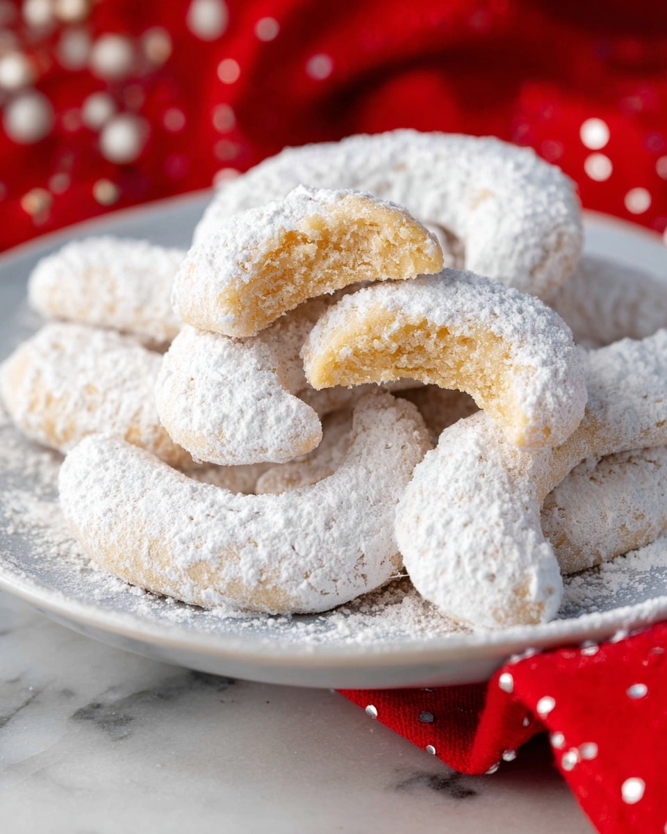 The image shows a white plate filled with crescent-shaped cookies covered in a thick layer of white powdered sugar. The cookies have a light golden color visible where one cookie is broken in half on top, showing a soft, crumbly texture inside. The plate is placed on a white marbled surface, and a red cloth with white polka dots is blurred in the background. Photo taken with an iphone --ar 4:5 --v 7